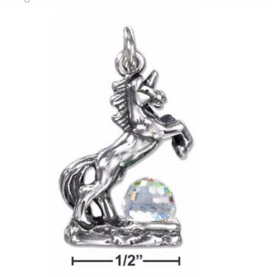 Sterling Silver Three Dimensional Unicorn Charm with Clear Crystal Ball - Poppies Beads n' More